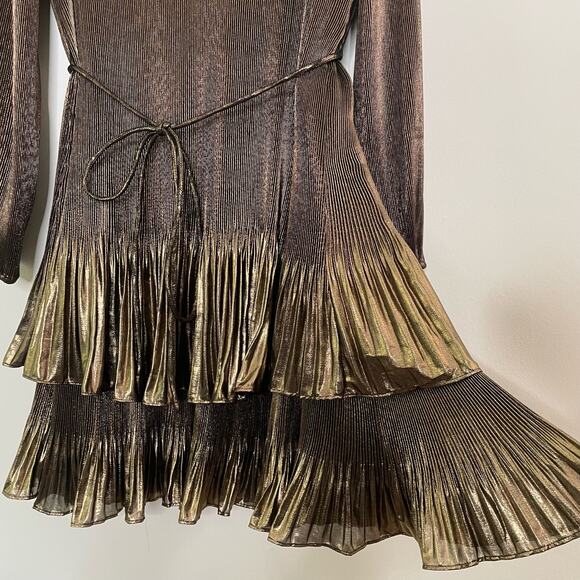 NWT Boden Plisse Mini Dress Size 10R Gold Metallic Shiny Ruffle Hem Tie Waist - Picture 8 of 12